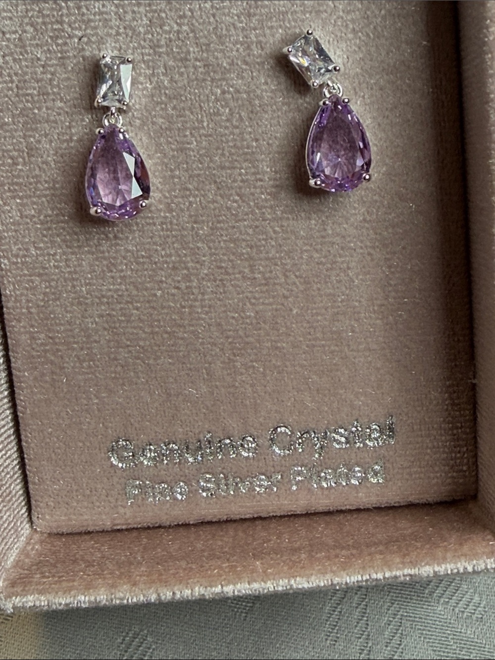 Sterling Silver-Plated Purple Teardrop Crystal Drop Earrings